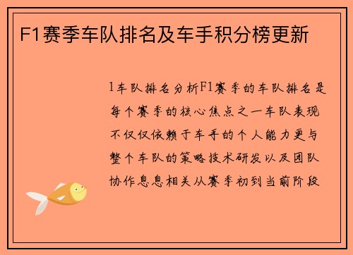 F1赛季车队排名及车手积分榜更新