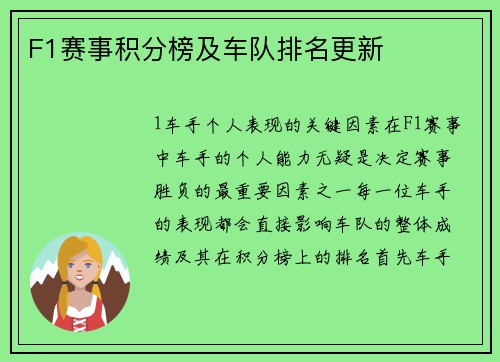 F1赛事积分榜及车队排名更新